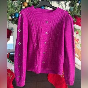 LOFT Crystal Embellished Purple Cable knit Sweater Holiday Large